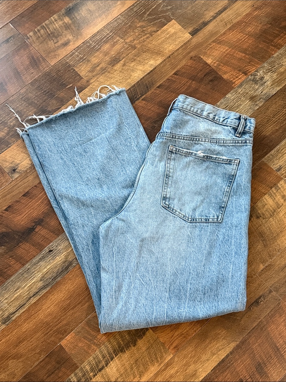 Zara Wide Leg Distressed Jeans Light Wash Raw Hem Size 14